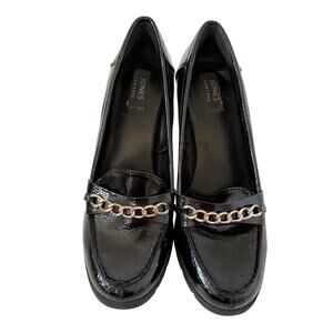 Womens Jones New York Cyrena Patent Leather Silver Chain Chunky Heel Shoes Sz 10